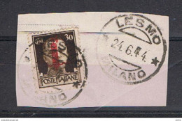 R.S.I.: 24.6.1944  SOPRASTAMPATO  -  30 C. BRUNO  SU  FRAMMENTO  DA  LESMO -  SASS. 492 - Afgestempeld