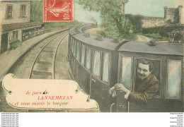 (XX) Carte Montage Gare Train Locomotive Voyageuse Voyageur. J'arrive Ou Pars De LANNEMEZAN 65 - Lannemezan