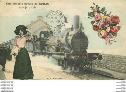 (XX) Carte Montage Gare Train Locomotive Voyageuse Voyageur. Je Pars De BORAN SUR OISE 60 Vers 1909 - Boran-sur-Oise