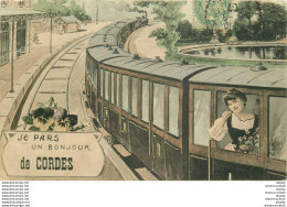 (XX) Carte Montage Gare Train Locomotive Voyageuse Voyageur. Je Pars De CORDES 81 En 1907 - Cordes