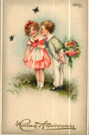 CPA Fantaisie N° 49  Illustration Hannes Petersen  -   Enfants, Bouquet Heureux Anniversaire - Petersen, Hannes