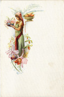 PC ARTIST SIGNED, LYON, LADY WITH FLOWERS AND FRUITS, Vintage Postcard (b50838) - Lion