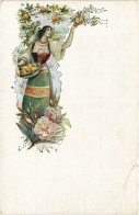 PC ARTIST SIGNED, LYON, LADY WITH FLOWERS AND FRUITS, Vintage Postcard (b50836) - Lion