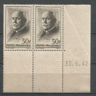 FRANCE ANNEE 1941 N°525 BLOC DE 2  EX COIN DE FEUILLE DATE 30/6/42 NEUF** MNH TB COTE 10,40 €  - Unused Stamps