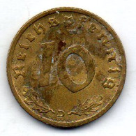 GERMANY - THIRD REICH, 10 Reichs Pfennig, Aluminum-Bronze, Year 1938-D, KM # 92 - 10 Reichspfennig