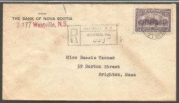 1938 Bank Of Nova Scotia Registered Cover 13c Charlottetown RPO CDS Westville NS Nova Scotia - Postgeschiedenis