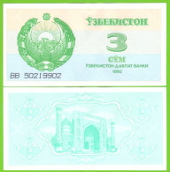 UZBEKISTAN 3 SO`M 1992 P-62 UNC - Uzbekistán