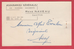 Sautin - Assurances Générales René Naveau ... Carte Publicitaire , Format Carte Postale - 1952 ( Voir Verso ) - Sivry-Rance