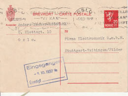 Norvège Entier Postal Oslo Pour L'Allemagne 1937 - Enteros Postales