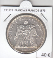 CR1922 MONEDA FRANCIA 5 FRANCOS 1875 PLATA - 5 Francs
