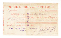 TRES RARE - Colonie De La REUNION - Chèque De La Société Bourbonnaise De Crédit  1893 - Reunión