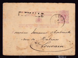 DDFF 186 -  Entier Postal Lion Couché AMBULANT EST 5 1877 - Griffe D' Origine FLEMALLE Non Encadrée - Vers Louvain - Ambulanti