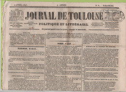 JOURNAL DE TOULOUSE 13 04 1845 - INCENDIE DES MALLES-POSTES - FEMINICIDE - PORTS - DIETE SUISSE - ESCLAVES - SARDAIGNE - 1800 - 1849