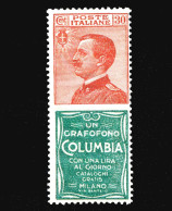 Regno Pubblicitari 1924 1925 Un Grafofono Columbia Cent. 30 C. MNH ** Integro Pubblicitario Advertising - Publicity