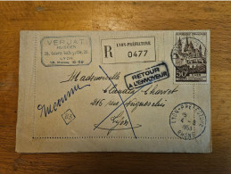 1953 REC 0477 LYON PREFECTURE N°917 RETOUR ARRIVEE LOSANGE 83 CAD - Lettres & Documents