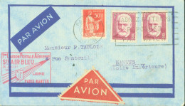 1ère Liaison Postale Aérienne Sté Air Bleu 25 7 1935 Paris Nantes CAD Paris 25 7 35 Par Avion YT N°283 293 304 - 1927-1959 Covers & Documents