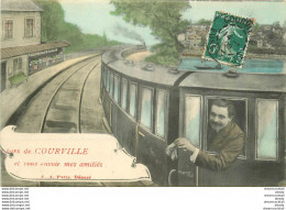 (XX) Carte Montage Gare Train Locomotive Voyageuse Voyageur. J'arrive Ou Pars De COURVILLE 28 En 1909 - Courville