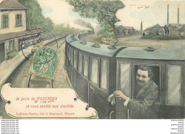 (XX) Carte Montage Gare Train Locomotive Voyageuse Voyageur. J'arrive Ou Pars De FEIGNIES 59 En 1907 - Feignies