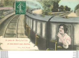 (XX) Carte Montage Gare Train Locomotive Voyageuse. Je Pars De MARLY-LA-VILLE 95 En 1908 - Marly La Ville