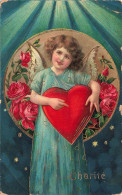 ANGE - Charité - Un Ange Avec Un Coeur Rouge Dans Les Bras - étoiles - Carte Postale Ancienne - Engelen