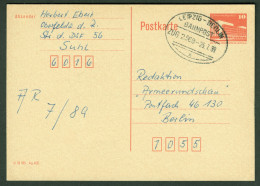Bahnpost DDR 1989 Oval--o LEIPZIG - BERLIN Auf GANZSACHE 10Pf-Palast Der Republik Aus Suhl > Berlin - Cartes Postales - Oblitérées