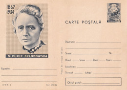 A23639 - M CURIE SKLODOWSKA , PC STATIONERY ,  Romanian Unused  1968 - Donne Celebri