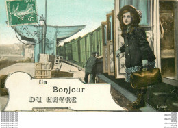 (XX) Carte Montage Gare Train Locomotive Voyageuse Voyageur. J'arrive Ou Pars LE HAVRE 76 En 1908 - Estaciones