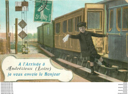 (XX) Carte Montage Gare Train Locomotive Voyageuse Voyageur. J'arrive Ou Pars ANDREZIEUX 42 En 1911 - Andrézieux-Bouthéon