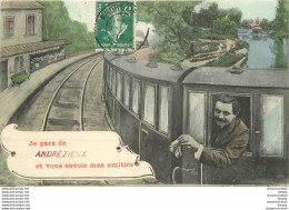 (XX) Carte Montage Gare Train Locomotive Voyageuse Voyageur. J'arrive Ou Pars De ANDREZIEUX 42 En 1910 - Andrézieux-Bouthéon