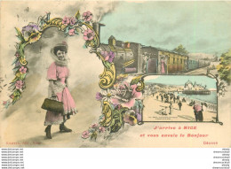 (XX) Carte Montage Gare Train Locomotive Voyageuse. J'arrive à NICE 06 En 1909 - Ferrocarril - Estación