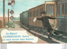 (XX) Carte Montage Gare Train Locomotive Voyageuse Voyageur. J'arrive Ou Pars ANDREZIEUX 42 En 1917 - Andrézieux-Bouthéon