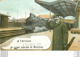 (XX) Carte Montage Gare Train Locomotive Voyageuse Voyageur. J'arrive Ou Pars BRUXELLES Vers 1910... - Nahverkehr, Oberirdisch