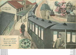 (XX) Carte Montage Gare Train Locomotive Voyageuse Voyageur. J'arrive Ou Pars ERAGNY 95 En 1907 - Eragny