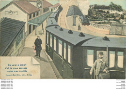 (XX) Carte Montage Gare Train Locomotive Voyageuse Voyageur. J'arrive Ou Pars BRIEY 54 En 1909 - Briey