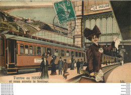 (XX) Carte Montage Gare Train Locomotive Voyageuse. J'arrive à LE HAVRE 76 Vers 1910 - Bahnhof