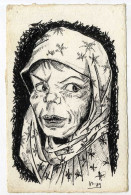 DANIELE MITTERAND   PORTRAIT  PACO      -  DESSIN ENCRE  REALISEE SUR CARTE POSTALE  -  SIGNEE    ORIGINAL 1989 - Dibujos