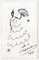 FEMME AVEC EVENTAIL  CHAVEAU ?  1990  -  DESSIN ENCRE  REALISEE SUR CARTE POSTALE  -  SIGNEE   ORIGINAL 1990 - Dibujos