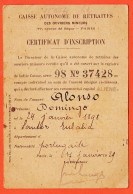 05497 / Rare Certificat Inscription RETRAITE Ouvriers Mineurs ALONSO Domingo Né 04-01-1898 SANTA EULALIA Portugal - Mines