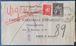 1943 Entier Postal Chaplain 2 F Noir Double + Complément Obl " PARIS 53/ R POUSSIN " Format 280 X 240 Mm CHA R1 TTB - Pneumatiques