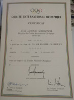Certificat, Comité International Olympique, Yves Zimmer Natation, Signé Par Juan Antonio Samaranch - Covers & Documents