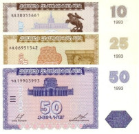 Armenia 10 25 50  Դրամ (Dram) 1993, UNC Set (P-33a,34a,35a) - Armenië