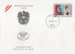 Austria Osterreich 1989 FDC Arbeitswelt, Bauarbeiter Mit Kelle Stein Und Mörtel, Construction Worker, Canceled In Wien - FDC