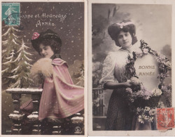 Bonne Année--Nouvel  An --- Lot De 2 Cartes    Femme Et Fleurs - Anno Nuovo