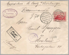 LUXEMBOURG - 1922 DUDELANGE T-34 - Registered To Malmo SWEDEN - 1-Fr Red Vianden Sole Use - Covers & Documents