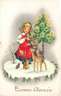 FÊTES ET VOEUX - Bonne Année - Fillette Jouant Du Violon Avec Un Faon Et Un Lapin - Sapin - Carte Postale Ancienne - New Year