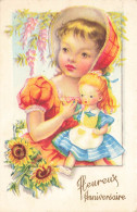 FÊTES ET VOEUX - Heureux Anniversaire - Petite Fille Avec Sa Poupée - Tournesols - Carte Postale Ancienne - Birthday