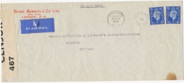 GB 29.11.1939, GVI 2½d (2) PERFINS: B R (Boake, Roberts – London) On Censor Airmail Cover With Slogan „STRATFORD / E.15. - Briefe U. Dokumente