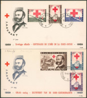 FDC (1959) - Croix-rouge N°1096/1101 Sur Deux Enveloppes Illustrées. - 1951-1960