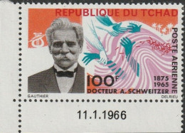 THEMATIC FAMOUS PEOPLE:  ALBERT SCHWEITZER, NOBEL PEACE PRIZE.  CORNER STAMP WITH DATE  -  TCHAD - Albert Schweitzer