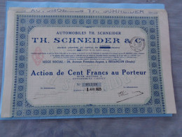 25- Doubs - Besançon - Action Cent Francs -Titre- Th . Schneider - 28 Av . Fontaine D'Argent - Voiture - 1925 - Réf.102 - Transports